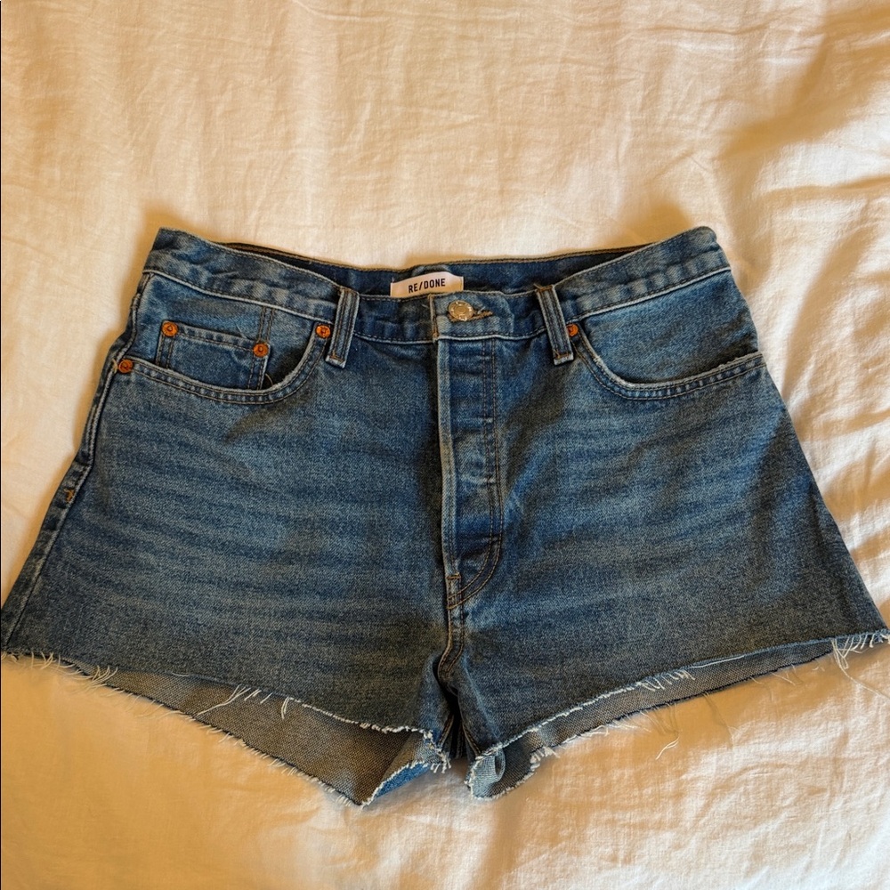 Re/Done Medium Blue High-Rise Cutoff Denim Shorts